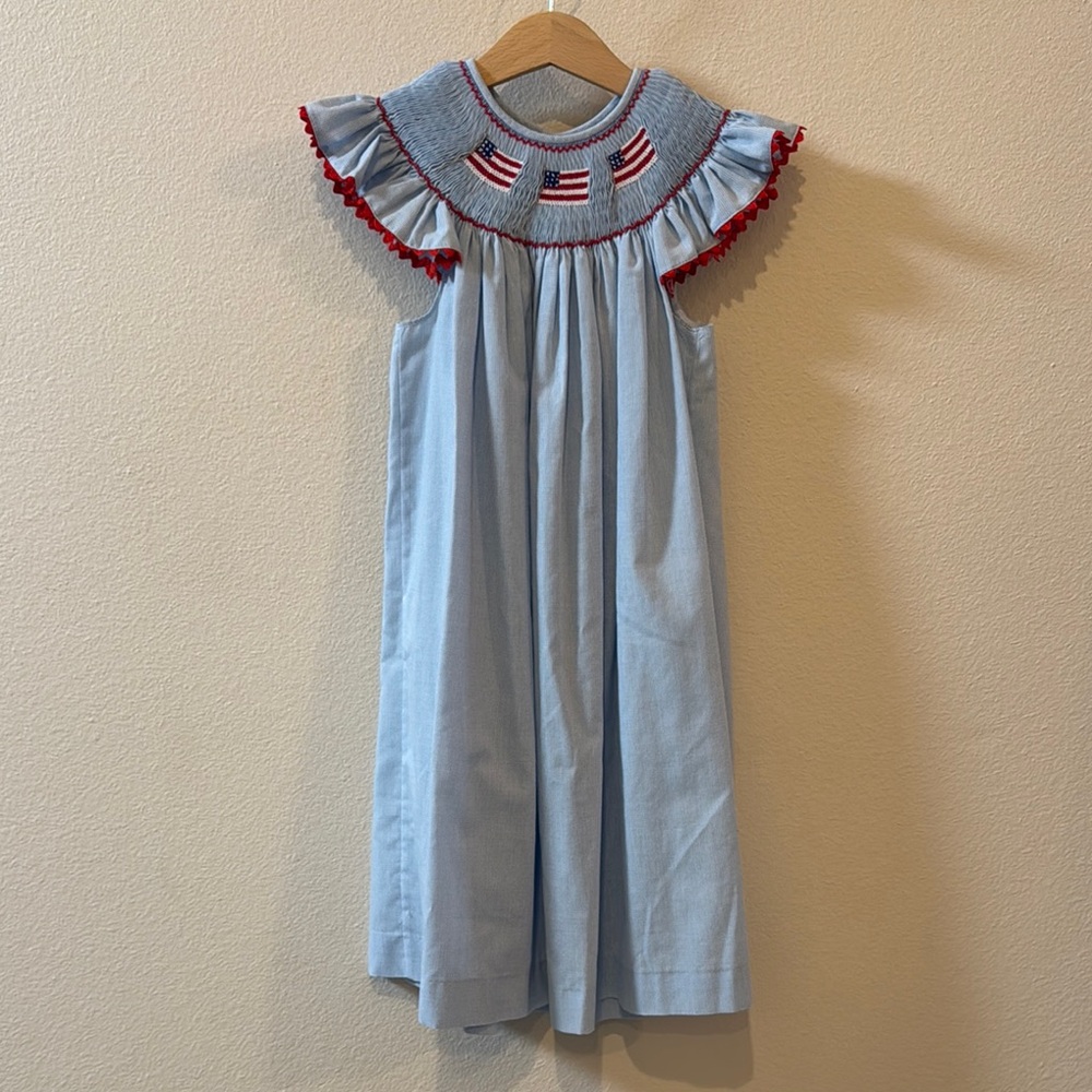 EUC Size 4 Mom & Me Blue Gingham Smocked Flag Dress! 🇺🇸